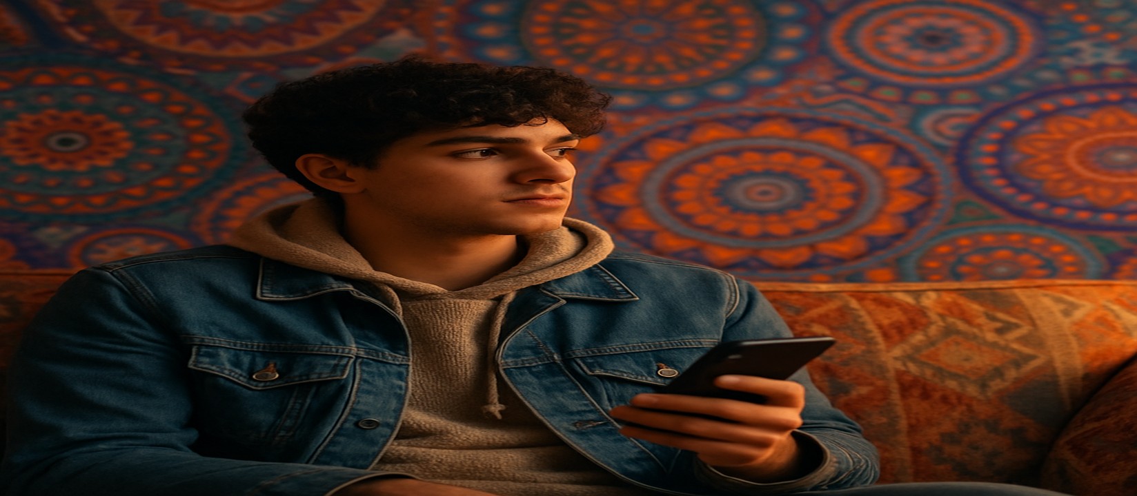 ba99 অ্যাপটি ব্যবহার করে সোফায় বসে থাকা একজন ব্যক্তি